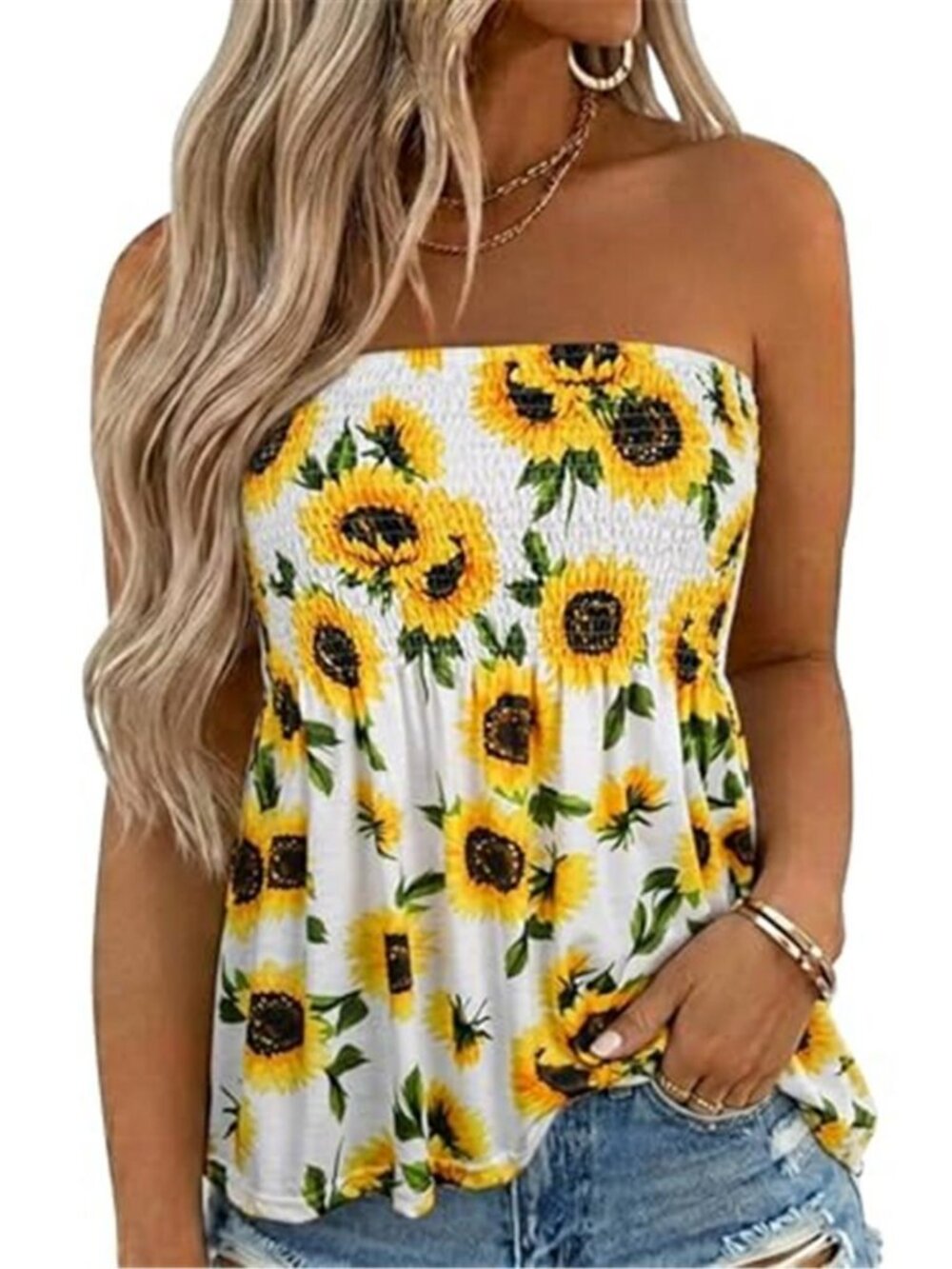 Womens Sunflower Smocked Strapless Bandeau Tank Tops - Floral Tube Tops